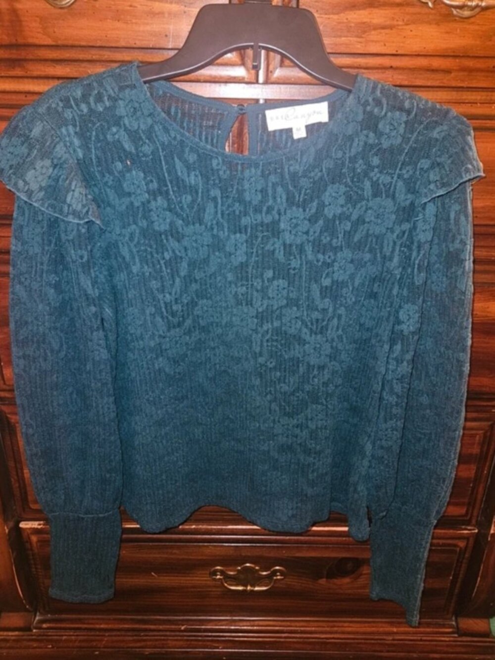 Brea Canyon Dark Teal Green Floral Textured Lace Ruffle Top - Size M